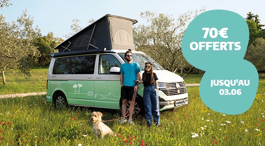 Couple with a dog in front of a camper van in spring