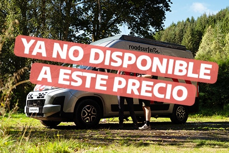 Camper van parked in a forest with an overlaid “No longer available at this price” promotional message.