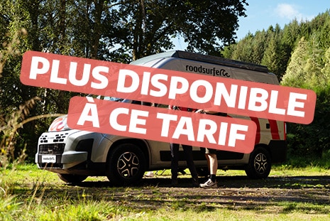 Camper van parked in a forest with an overlaid “No longer available at this price” promotional message.