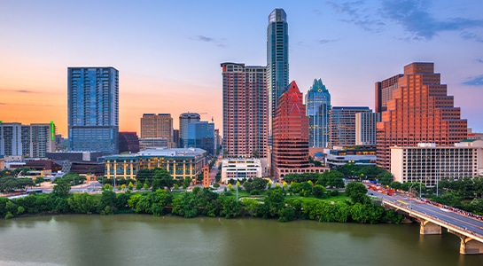 Downtown Austin photographed during sunset.