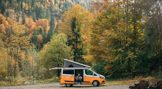 Man with guitar in his yellow campervan surrounded by a forest