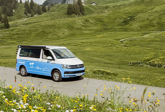 Blue and white roadsurfer campervan drives along a road past a field of flowers with a mountain backdrop.