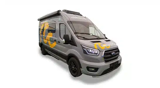 Grey Bürstner signeo sprinter campervan from roadsurfer partial front/side view