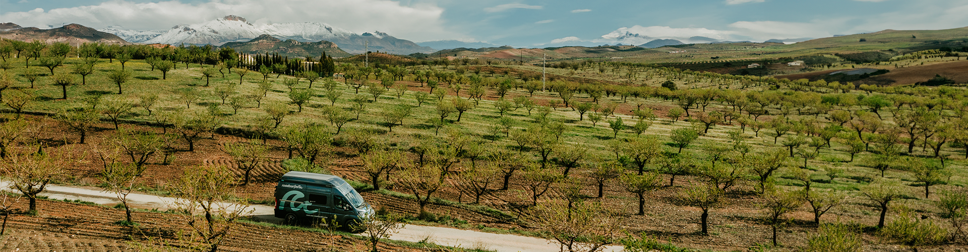 Camper drives on a gravel road through a field of olive trees with the Sierra Nevada in Spain in the background.