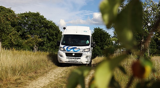 Boxvan driving on a field path surrounded by apple trees on a sunny day.