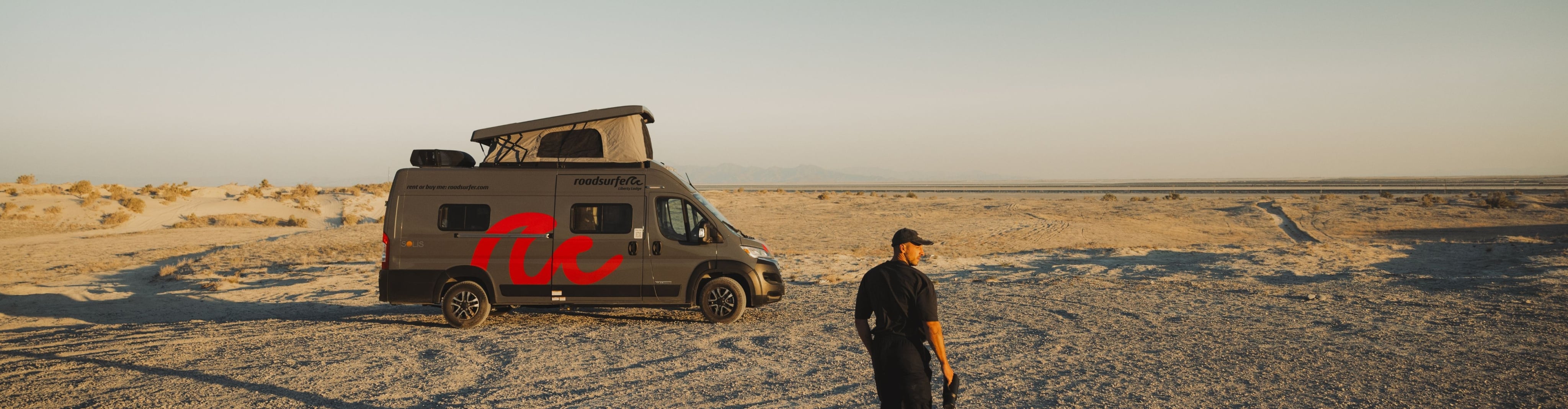 Camper van rental on desert road trip