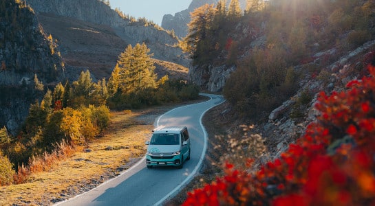 roadsurfer campervan driving on a beautiful road with trees and red flowers