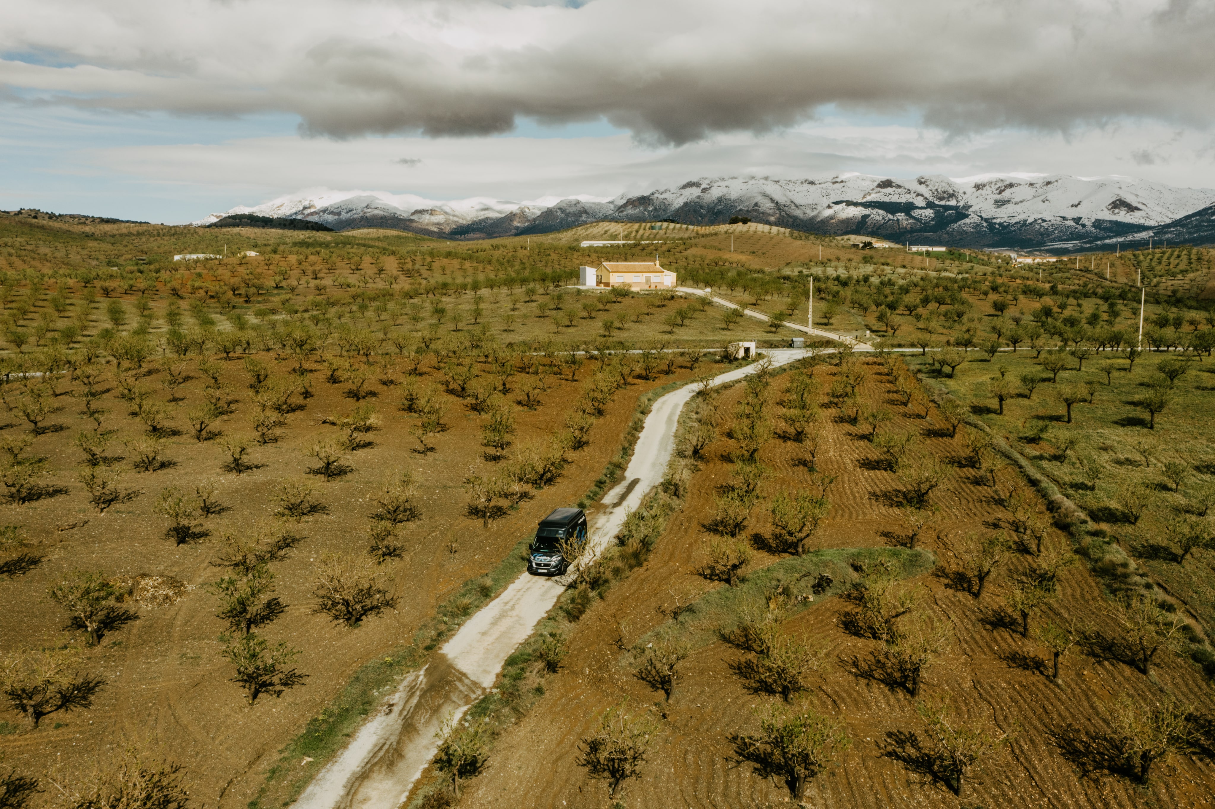 Campervan driving through a olive tree road at the Sierra Nevada mountains in Spain