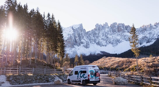 Campervan from roadsurfer standing at a parksite in the Dolomites, near to Venice