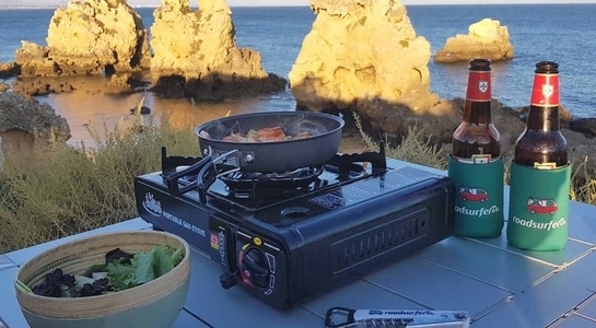 Campingaz on a camping table with views of the Portugal coast
