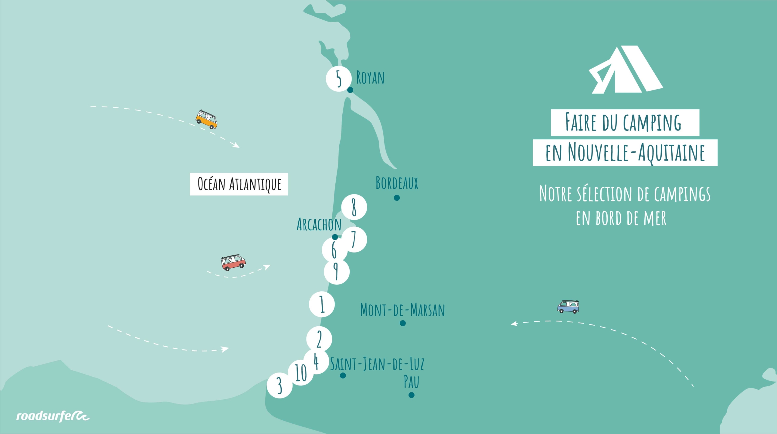 Carte des meilleurs campings en Nouvelle-Aquitaine (bord de mer)