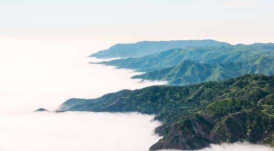 Green mountain ridges of Catalina Island rising above a sea of clouds