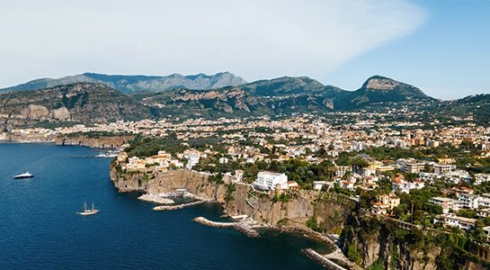 City view of Sorrento in Italy set at high cliffs directly at the sea.