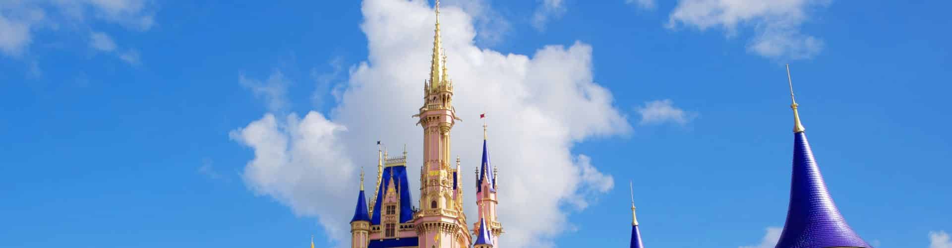 Cinderella Castle rising above Magic Kingdom in Orlando, Florida under a clear blue sky