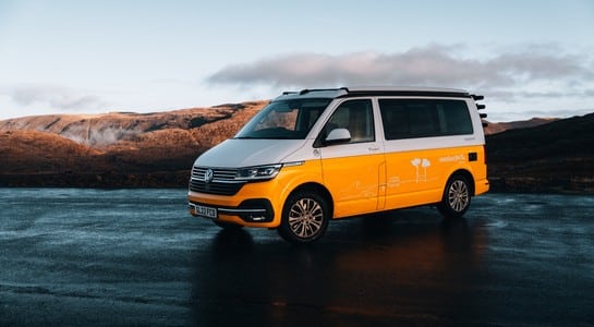 RV at sunset at the start of a Scotland road trip, ready to explore the Highlands.