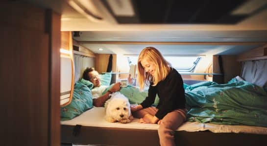 Family relaxing inside an RV rental with their dog on the bed during a pet friendly road trip.