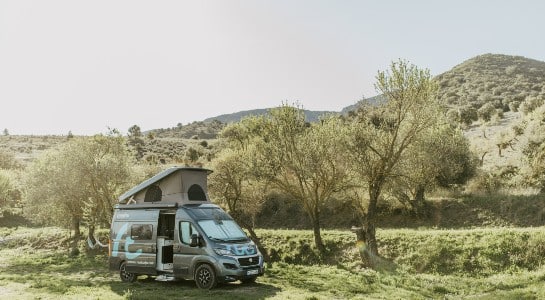 grey fiat ducato with open roof parked between olive trees