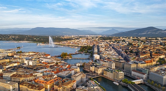 Geneva seen from above with view over the city and also the Lake Geneva.