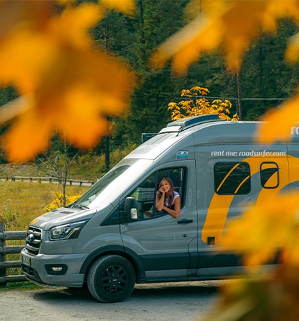 Girn in a box van in autumn behind a tree