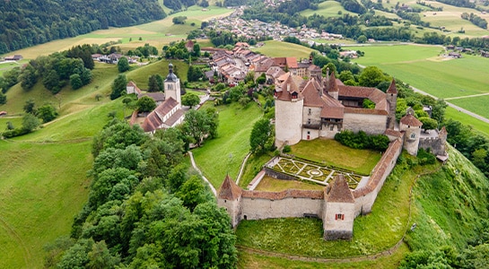 Castle of Gruyeres photographed from above in the midst of greenery.