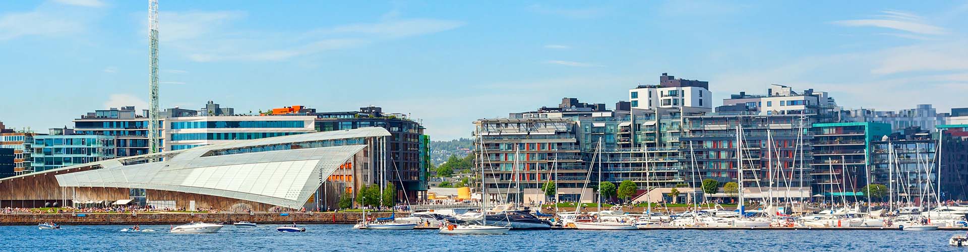 Harbour view in Oslo on a sunny day in Norway with the city in the background