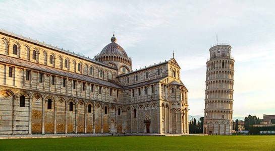 The Leaning Tower of Pisa next to a popular cathedral in Pisa.