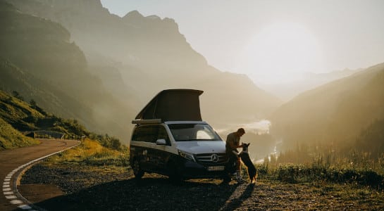 man and dog in front of a campervan, mountains in the background