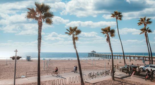 Bicyclists and palm trees line the walkway beside Manhattan Beach Pier, a vibrant spot among beaches in LA.