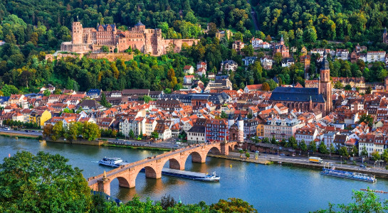 City view of medieval heidelberg with the historic church and castle