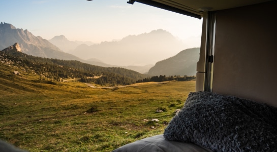 View of the mountains in Switzerland from a Mercedes Marco Polo campervan