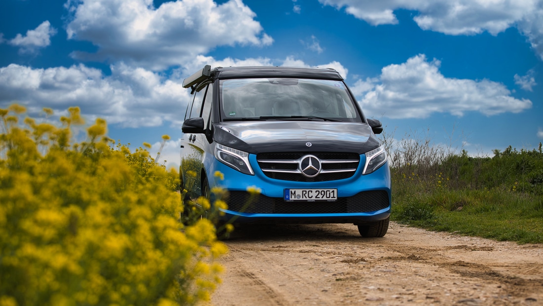 Mercedes Marco Polo camper on a road with blue sky