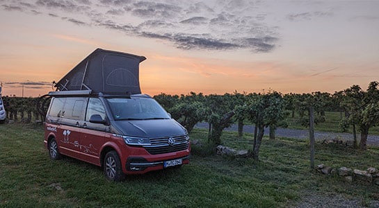 roadsurfer Camper nach Sonnenuntergang vor einem Weingarten