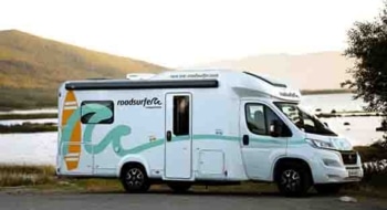 Motorhome parked near a scenic lake with a mountain in the background, bathed in warm sunlight