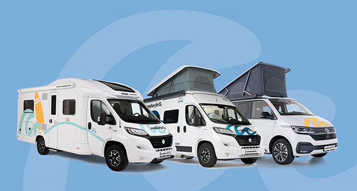 myroadsurfer campervan, sprinter campervan, and motorhome next to each other on a blue background