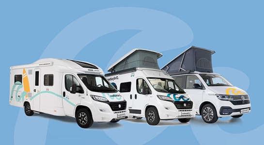 myroadsurfer campervan, sprinter campervan, and motorhome next to each other on a blue background