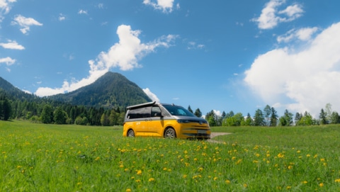 A new VW California camper driving on a road through green fields with mountains in the back