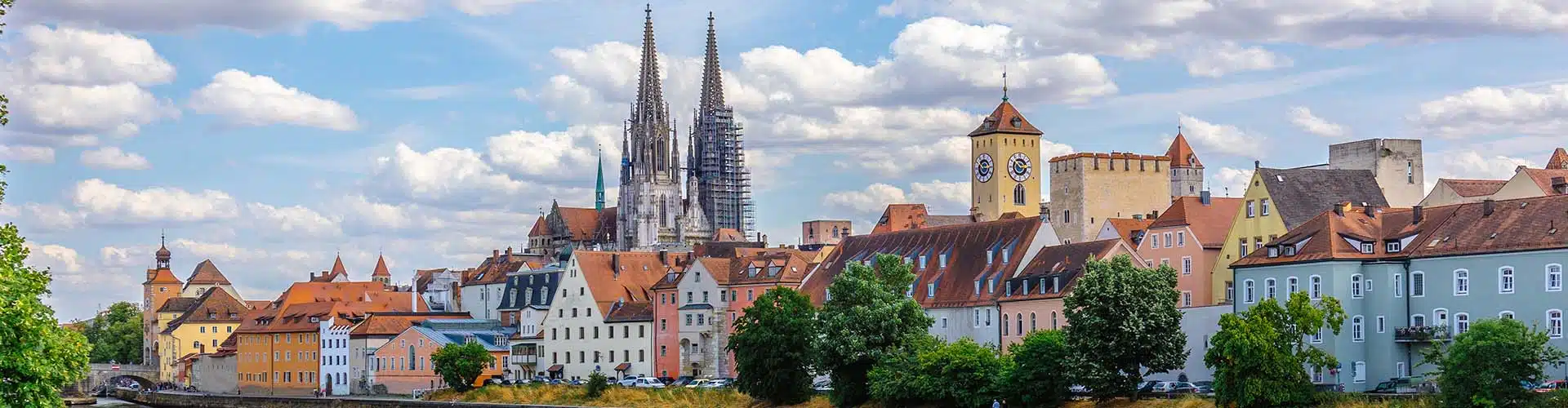 panoramic view of regensburg st peters cathedral and bridge tower