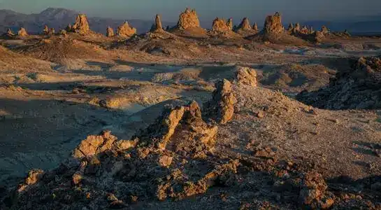 Sunset light over rugged rock formations in Pinnacles National Park
