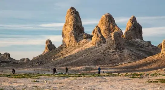 Towering rock spires at Pinnacles National Park with visitors exploring
