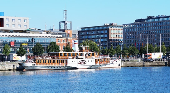 Boat docked at the port of Kiel in Germany.