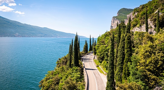 Road alongside Lake Garda in Italy photographed from above.