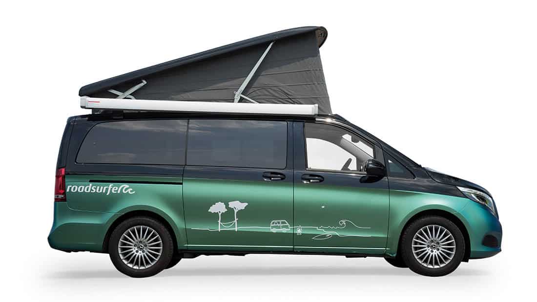 mercedes marco polo as roadsurfer campervan travel home in metallic with pop up roof from the profile view