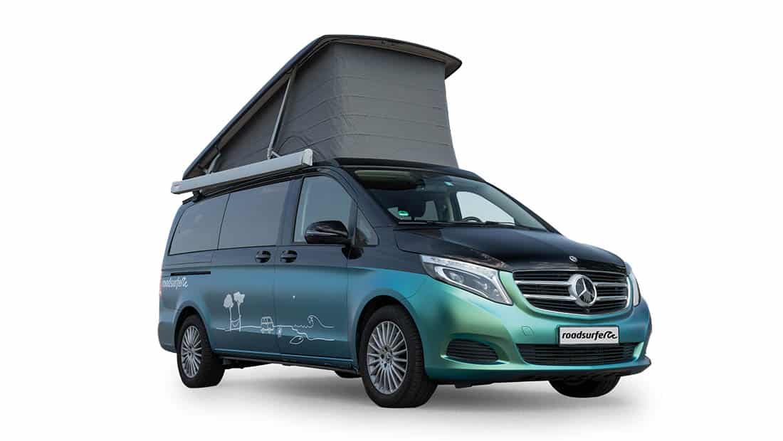 mercedes marco polo as roadsurfer campervan travel home in metallic with pop up roof from the sideview