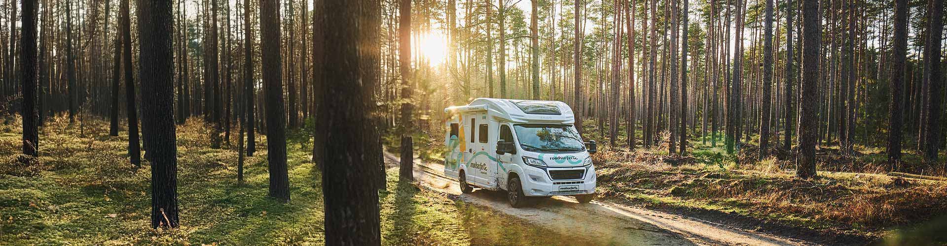 roadsurfer RV driving through forest with sun shining through the trees.