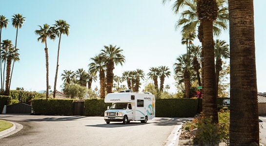 Rv Driving Through The Street With Palm Trees