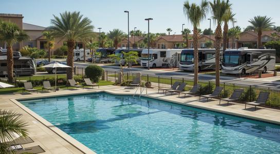 Luxury RV parks showing a resort-style pool with Class A motorhomes in landscaped sites