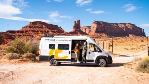 Camper van parked in the Utah desert landscape, showing typical RV rental prices for road trips in the U.S.