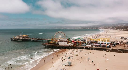 Santa Monica Pier with Ferris wheel overlooking the beach on a California RV road trip