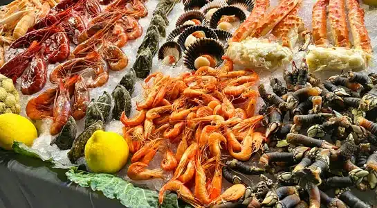 Display of fresh shrimp, oysters, crab, and shellfish on ice at a seafood market in Miami.
