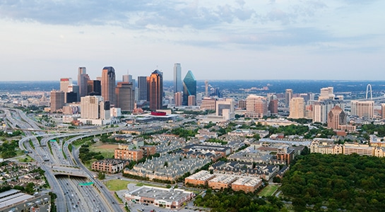 Downtown Dallas skyline, gateway for road trips with RV rentals in Dallas